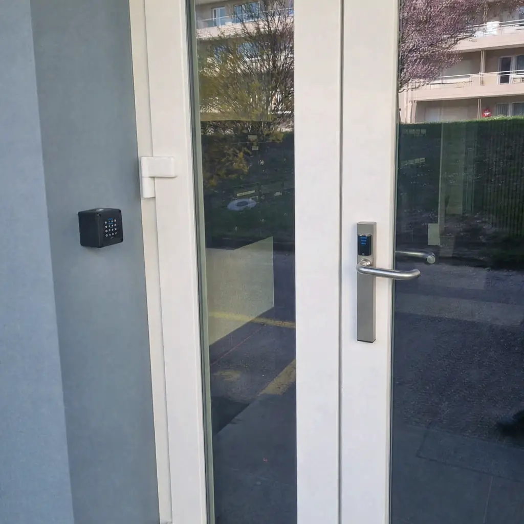 Installation d'une garniture électronique Glutz avec digicode pour une entrée de bâtiment, installation par votre serrurier à Neuchâtel